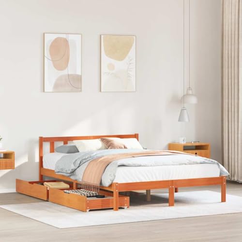 Mokuyary Cama de madera maciza sin colchón, color marrón cera, 135 x 190 cm, marco de cama de pino, cama con somier de láminas, plataforma marco de cama, fácil montaje para dormitorio, habitación de
