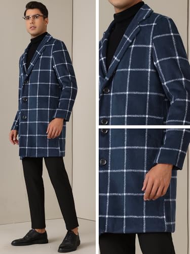 Image of Lars Amadeus Navy Blue Plaid Coat for Men's Color Block Single Breasted Winter Checked Overcoat Medium