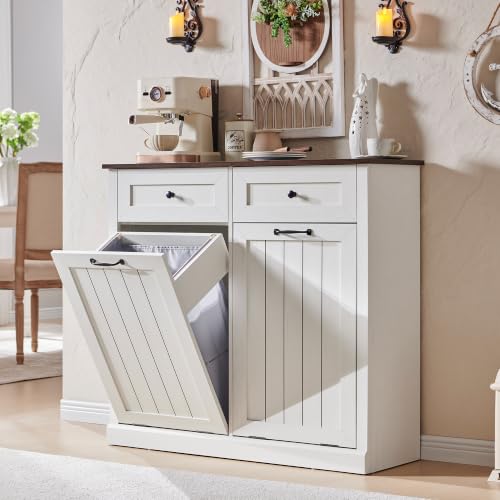 Image of IFGET Double Tilt Out Trash Cabinet, Wood Trash Can Cabinet, Antique White