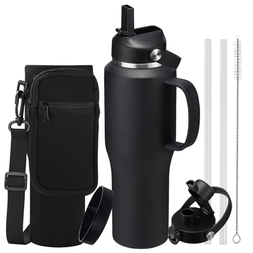 Image of Stainless Steel Water Bottles 40oz - Insulated Water Bottle with Straw, Strap Carrier Bag & Protective Boot, Tumbler with Handle for Car, Office, Gym