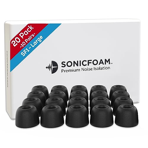 SONICFOAM (SF1 Large Black) Memory Foam Earbud Tips for Earbuds with Speaker Diameter 5.8-6.5mm - (20 Pack / 10 Pairs)
