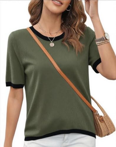 Image of Womens Short Sleeve Striped Color Block Crew Neck Sweater Shirt Lightweight Cotton Casual Summer Pullover Tops
