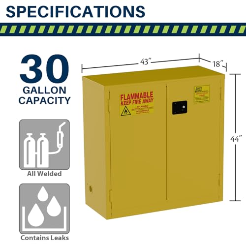 Image of Jamco 30 Gallon Flammable Safety Cabinet, Steel Flammable Storage Cabinet with Lockable Manual Closing Doors, Non Forkliftable, 43 inch x 18 inch x 44 inch, Yellow