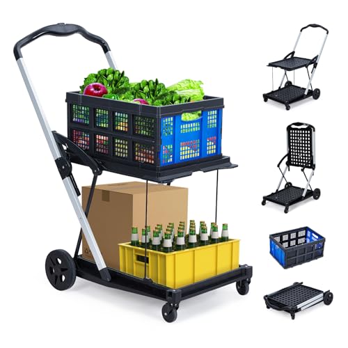 GAOMON 2-Tier Foldable Shopping Trolley - 2 Tier Folding Grocery Carts (198 LB Capacity), Portable Grocery Cart with Wheels & Removable Crate, Lightweight for Mall & Market Blue