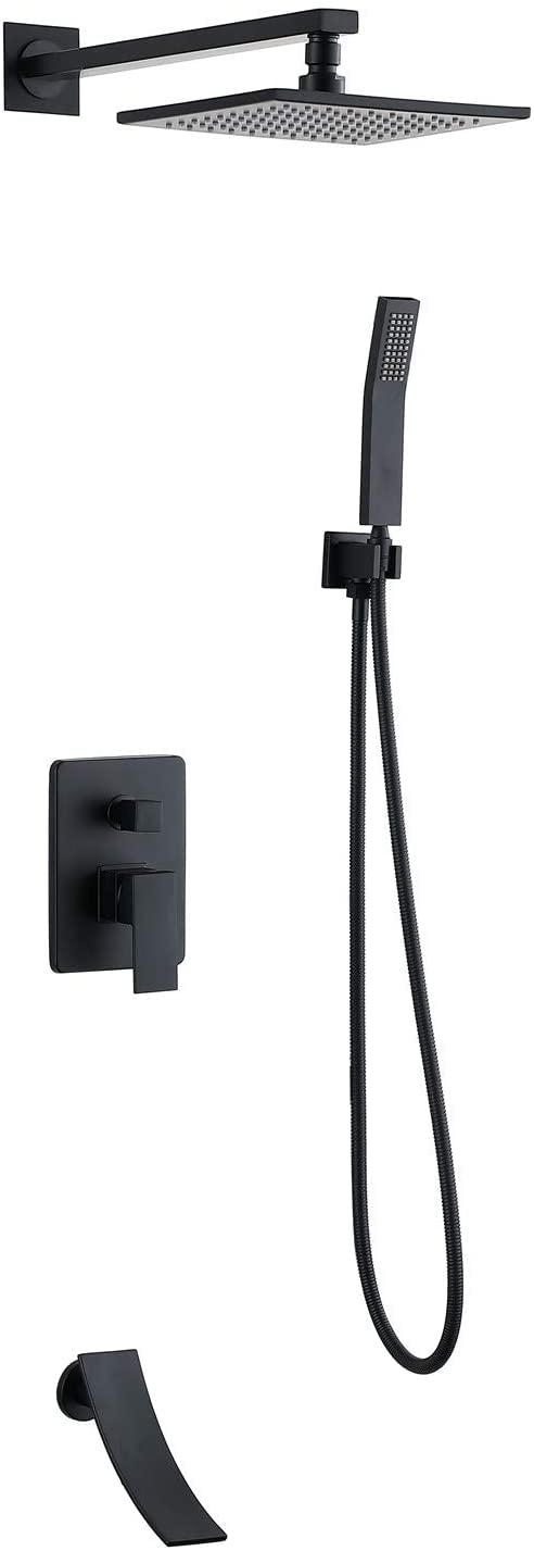 SBCGFY 3-Function Brushed Shower Set - 8-Inch Rainfall Showerhead, Waterfall Tub Spout & Handheld Shower Faucet Mixer For Luxurious Bathroom Experience,Black-10 Inch