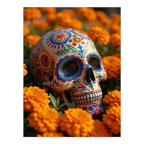 GVYGVY Kits de arte de diamantes para adultos, diseño floral de calavera entre caléndulas, kit de pintura de diamantes sin marco para adultos principiantes, kit de pintura de diamantes de 12 x 16