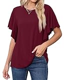 PrinStory Womens Oversized Tops Summer Short Ruffle Sleeves Blouse Casual Round Neck Shirt Wine Red