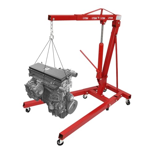 2T/4400 Lbs Folding Engine Hoist Crane Hoist Lift, Heavy Duty Carbon Steel with 6 Iron Caster Wheels, 4 Adjustable Positions, for Garage Workshop Engine Lifting Loading (Red)