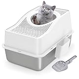 Kettnjoy Top Entry Cat Litter Box with Lid, Stainless Steel XXL Enclosed Cat Kitty Litterbox, Top Opening Extra Large Enclosure Metal High Side Litter Pan Tray Box Dog Proof, Easy Cleaning, White