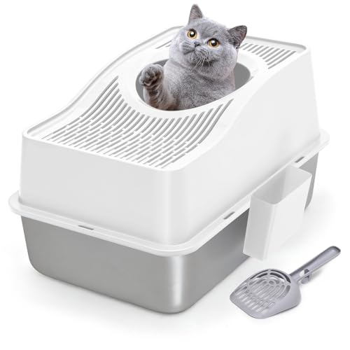 Kettnjoy Top Entry Cat Litter Box with Lid, Stainless Steel XXL Enclosed Cat Kitty Litterbox, Top Opening Extra Large Enclosure Metal High Side Litter Pan Tray Box Dog Proof, Easy Cleaning, White