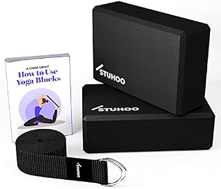 STUHOO Yoga Block Set of 2 and Yoga Strap Includes Descriptive E-book for Beginners Sturdy Yoga Brick & Lightweight Eva Foam Block Support Deepen Poses, Provides Strength & Stability for Pilates Practice
