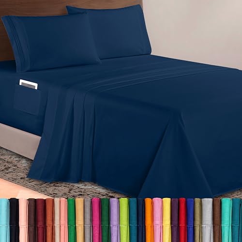 Image of Elegant Comfort Luxurious 1500 Premium Hotel Quality Microfiber 4-Piece Sheet Set, 18-24 Inches Deep - Extra Deep Pocket Sheets - Ultra Soft 4PC Deep Pocket Sheets, Twin /Twin XL, Navy Blue
