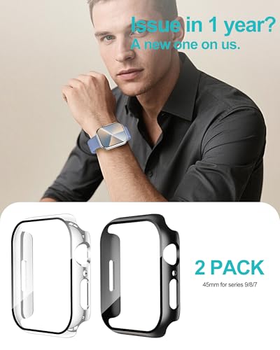 Image of Smiling Pack Case Compatible with Apple Watch Series 9 /8 /7 45mm with Tempered Glass Screen Protector, Hard PC Case Overall Protective Cover- 1 Black + 1 Silver