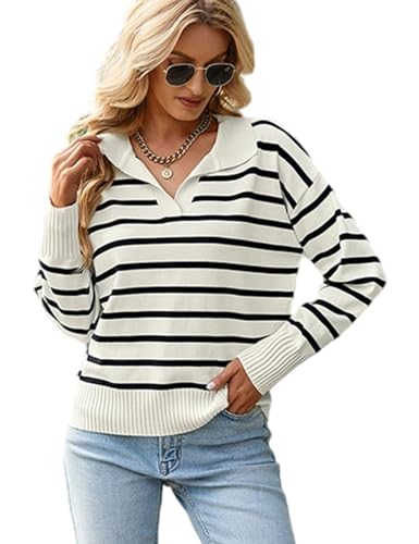 Women Striped Sweater Polo V Neck Long Sleeve Loose Sweater Knit Pullover Jumper Tops