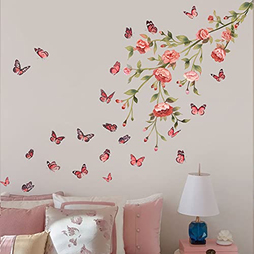 Vinilo Decorativo Floral Peonía y Mariposa Rosa Rosa 49x37 in