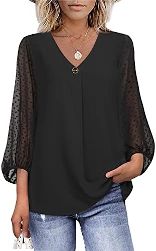 Bebonnie Plus Size Tops for Women, Feminine Balloon 3/4 Long Sleeve Causal Women Blouses and Tops for Work 2022 Loose V Neck Chiffon Blouses Dressy Tunic Tops for Women for Leggings Black 3X-Large