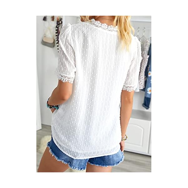 FARYSAYS Womens White Lace Shirts Chiffon Blouses Summer Classic Vintage Elegant V Neck Short Sleeve Tunic Tops for Work Office Ladies Medium