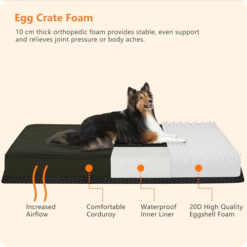 HMTOPE Orthopädisches Hundebett, 9cm Dicke Hundekissen für Mittelgroße Hunde, Abnehmbar und Waschbar Hundematte, rutschfeste Unterseite, Wasserdichtes Innenfutter, 91 cm, Olivgrün