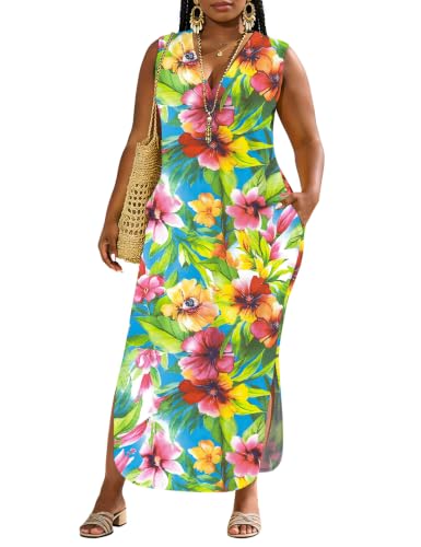 Image of UOUA Women Summer Maxi Dresses Plus Size Casual Hawaiian Sundress Sleeveless Loose Split Beach Dress with Pockets