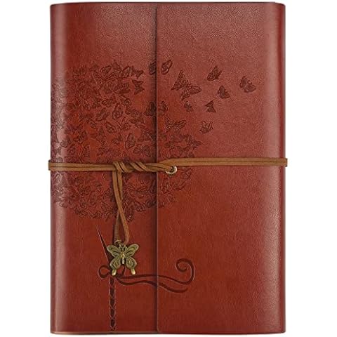 Leather Journal Notebook, Travel journals for Women, refillable Butterfly Notebook Lined Personal Diary Writing Notebook Gifts A5 16.5 x 23.4cm (Red-Brown) Cover