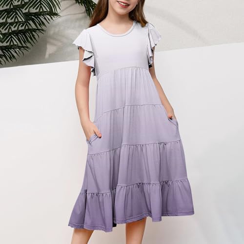 Girls Summer Dresses Tiered Ruffle Flutter Sleeve Flowy A-Line Sundress Casual Gradient Midi Dresses for 6-15 Years2