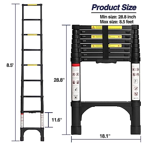 BOCOM Escada telescópica de alumínio de 2,5 m, extensão dobrável multiuso leve com 2 estabilizadores