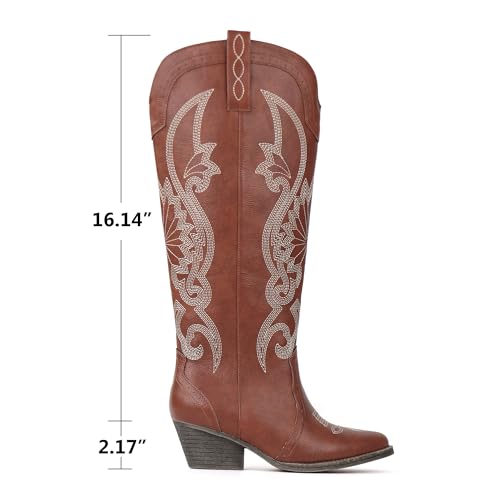 Image of Hawkwell Women's Cowboy Cowgirl Boots Slip On Pointed Toe and Block Heel Shoes with Classic Embroidered Pull On Tall Boot for Ladies Dress Western Knee High Boots