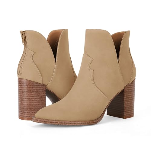 Coutgo Womens Cutout Ankle Boots Pointed Toe Chunky Heel Booties Back Zipper Slip on Western Boot Shoes