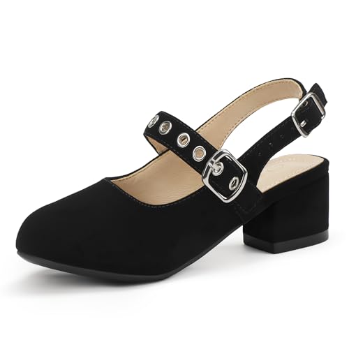 PANDANINJIA Girls Dress Shoes Little Big Kids Slingback Black Nubuck Mary Jane Low Heels Buckle Round Toe Flower Girl Wedding Church Party School Size 5 Pump Shoes