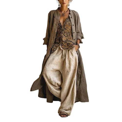 Ensemble 3 pièces pour femmes en lin mélangé style vintage avec manteau-duster, débardeur et pantalon à jambe large - Ensemble décontracté de vêtements d'intérieur style bohème, camel, XXL