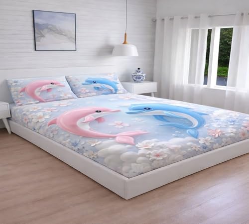 Image of 7D Flat Bedsheet 400TC Sheet Set, Kids Design bedsheet, Floral Design, Decorative Bedding with Daisy Pattern, Kids Room Decor, 90X100 Inch (Fish)
