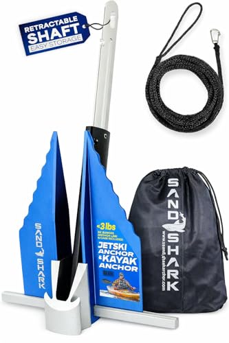 SandShark Premium Fluke Anchor-Retractable Shaft Easy Storage-Aluminum Pontoon Boat Anchor, Jet Ski Anchor. Boats<30 ft. Sand Anchor for Boat, Boat Anchor Kit, Lightweight. (Jet Ski Anchor)