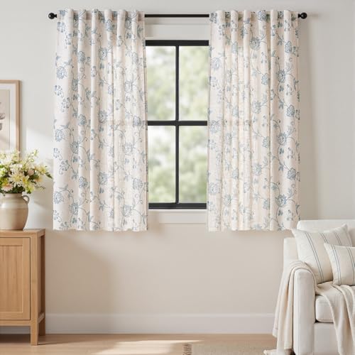 jinchan Blue Floral Linen Curtains 63 Inch Vintage Back Tab 2 Panels