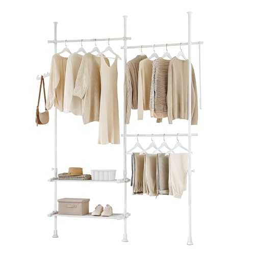 SoBuy Portant à vêtements télescopique robuste – Penderie ouverte réglable avec tringles et étagères, Porte-manteau pour chambre ou dressing, Blanc FRG34-II-W