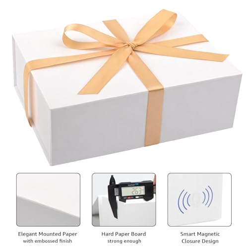 Image of LIFELUM Gifts Boxes Bulk 9.5 x 7 x 3.5 inch Elegant Gift Box with Magnetic Lids, Card,Sticker,Ribbon, Shredded Paper Filler (White, 1 count (Pack of 1))