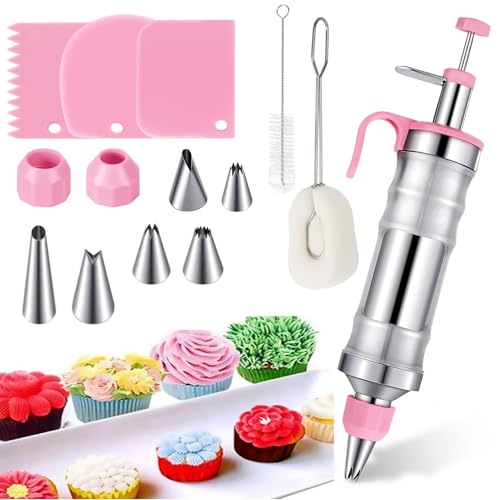 Tortenspritze,Garnierspritze Edelstahl 14-Teiliges Set,400ml Kuchenspritze Wiederverwendbarer,Profi Garnierspritze mit 6 Tüllen,Dessert Dekorieren Spritze,Torten Zubehör für Cupcakes,Torten Dekorieren