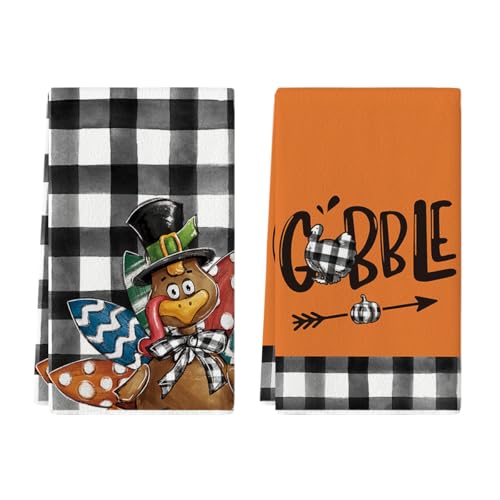 Artoid Mode DISHTOWEL-THANKSGIVING-4075-2PC-007-RE Buffalo Plaid Turkey Thanksgiving Kitchen Towels Dish Towels cover
