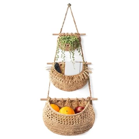 Hanging Fruit Basket, Handmade 3 Tier Woven Jute Wall Basket for Organizing,Hanging Produce Basket Fruit Vegetable Storage for Kitchen, Bedroom Cover
