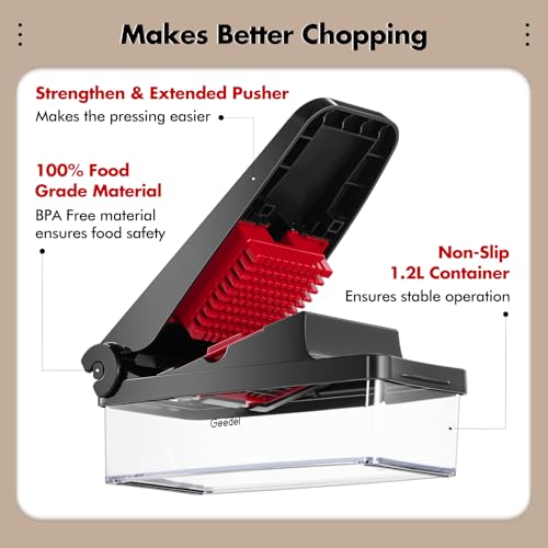 Geedel Vegetable Chopper, Onion Chopper Pro Food Chopper, Kitchen Vegetable Slicer Dicer Cutter Grater, Veggie Chopper with container for Salad Onion Potato Carrot (4 in 1, Red) - Image 3