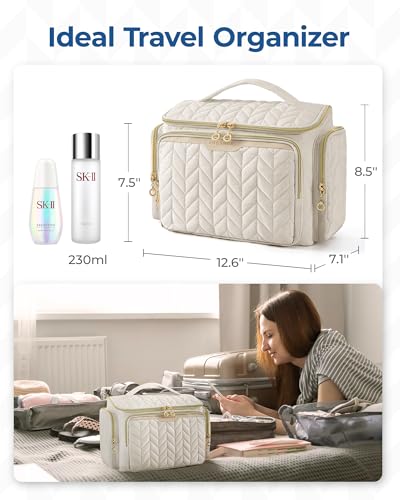 Image of BAGSMART Travel Toiletry Bag, Large Wide-open Travel Bag for Toiletries, Makeup Cosmetic Travel Bag with Handle, Beige