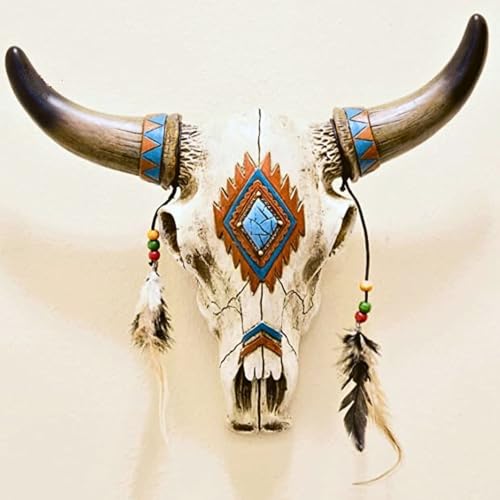 BestGiftEver Wall Hanging Rustic Southwest Tribal Style Bull Head Skull with Feathers, Beads & Faux Turquoise Stone