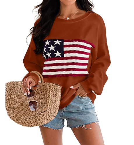 Image of Dressmine Womens American Flag Knit Sweater Crew Neck Long Sleeve Pullover