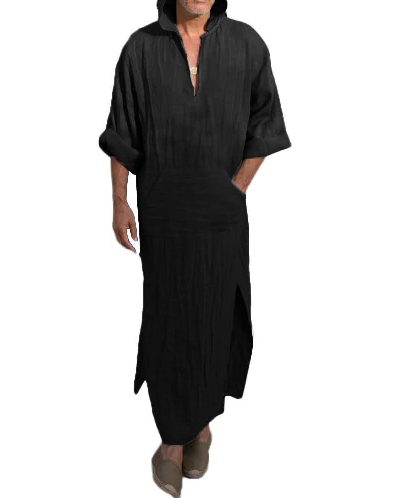 TaoliyuanMens Kaftan Hooded Robe Linen Loungewear V Neck Long Night Gown Shirt Thobe1