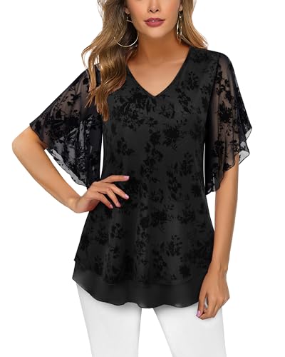 Furnex Blouses for Women Dressy Casual,Double Layers Mesh Elegant Summer Blouses,Short Sleeve V Neck Women's Tunic Tops2