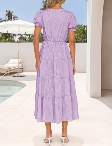 Image of ZESICA Womens Summer Floral Flowy Midi Dress 2026 Puff Short Sleeve V Neck Ruffle Tiered Beach Vacation Party Dresses