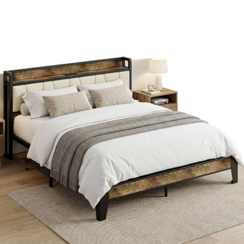 Image of LIKIMIO Queen Bed Frame, Storage Headboard with Charging Station, Solid and Stable, Noise Free, No Box Spring Needed, Easy Assembly (Walnut and Beige)