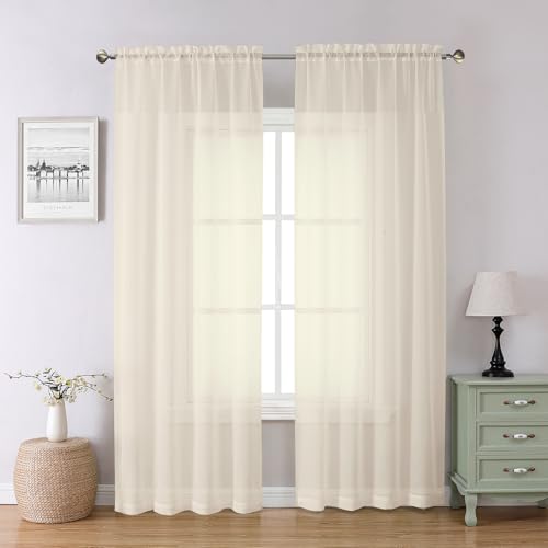 Lecloud Cream Sheer Curtains 84 Inches Long 2 Panels Set, Elegant Light Filtering Window Curtains with Rod Pocket, Airy Voile Transparent Dreaps for Living Room Decor, Each Panel 42 X 84 Inch