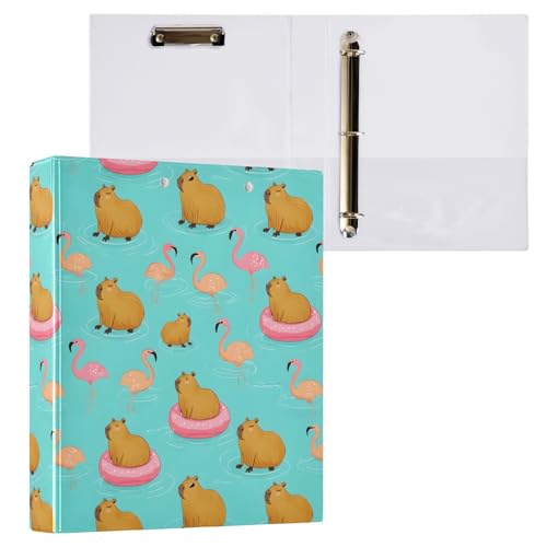 ALAZA Capybara Flamingo Blue 3 Ring Binder Holds of 200 Sheets Fits Letter Sized Paper D-Ring Organizer for School Home Work Office Supplies 2 Pack