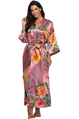 Image of Women Silk Kimono Robe Long Floral Bridesmaids Robes Satin | Wedding Party Bridal Getting Ready Robe Lightweight Dressing Gown Loungewear Sleepwear