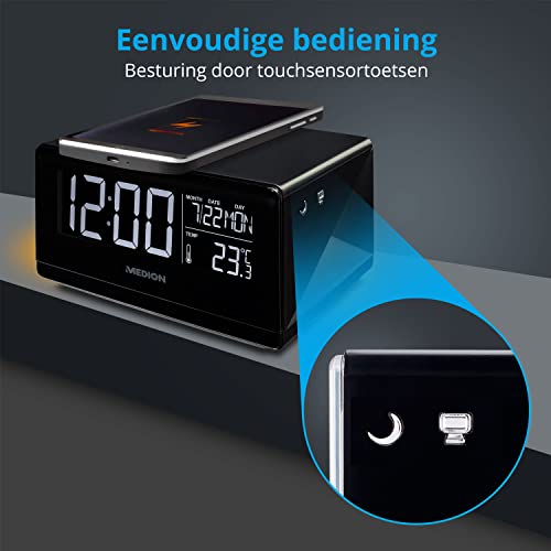 MEDION E75009 Wekker met Qi-oplaadfunctie (alarmstation, laadstation, inductief opladen, temperatuurweergave, snoozefunctie, timer, displaydimmer) Zwart - Image 7